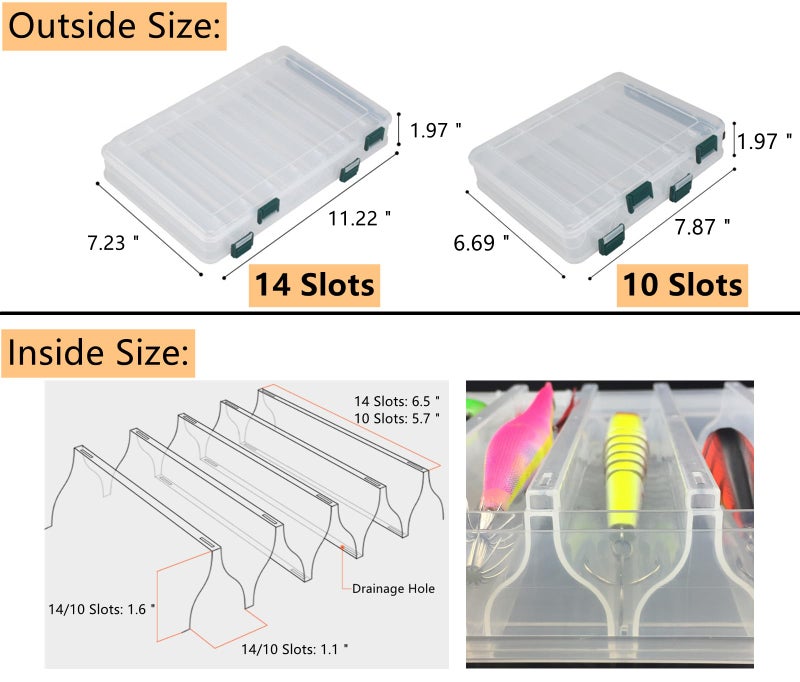 Milepetus Double-Sided Fishing Lure Hook Tackle Box Visible Hard Plastic Clear Fishing Lure Bait Squid Jig Minnows Hooks Accessory Storage Case Container (Clear-14 Slots) - Image 2